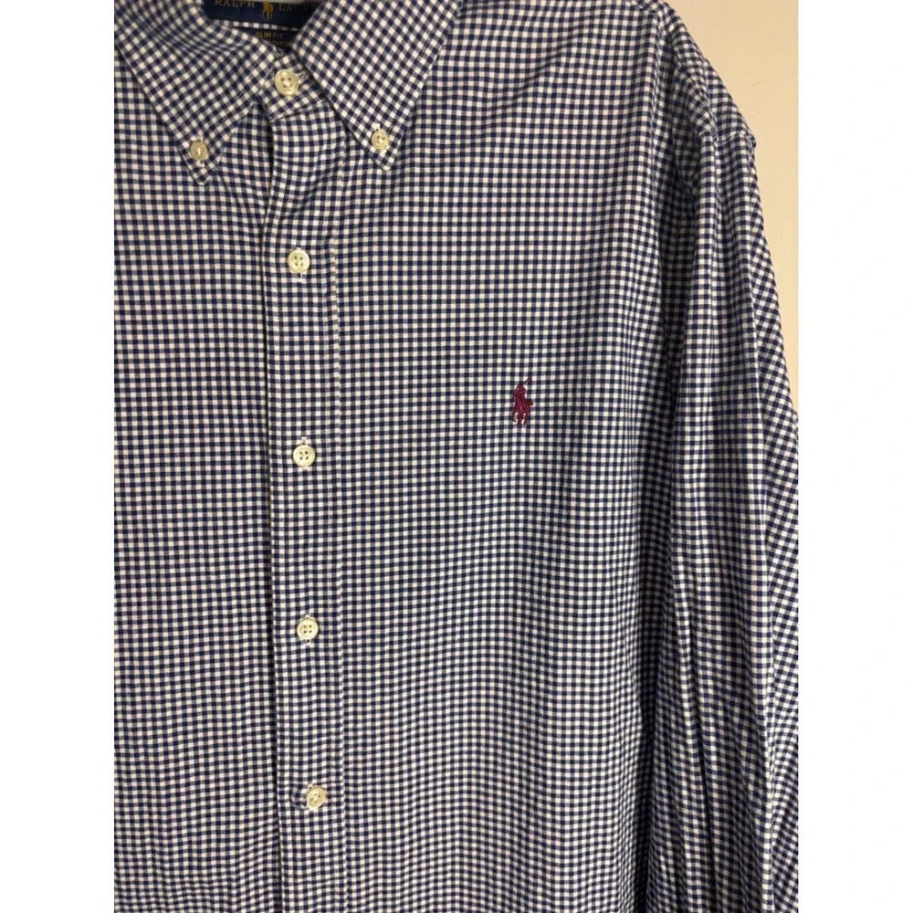Polo Ralph Lauren Mens XL Slim Fit Stretch Oxford Gingham Shirt Navy Blue White